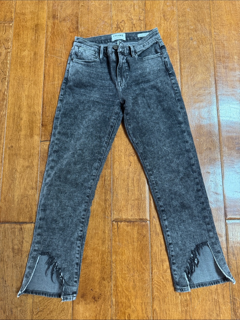 Frame Denim Grey Black Acid-Wash Cropped Jeans with Frayed Side Slits